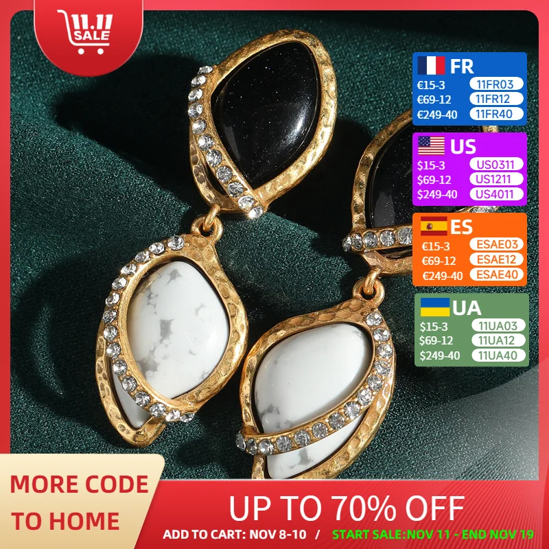 

Vintage Black White Natural Stone Unique Drop Earring Gold Color Rhinestone Trendy Jewelry 2025 Luxury Quality Designer Trends