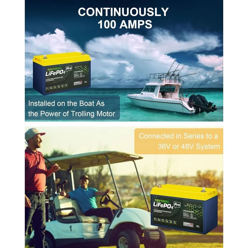 Batería de litio RV LiFePO4 de 12V y 100Ah con BMS incorporado para sistema solar Ciclo profundo marino 1280Wh 5000+ ciclos de carga 10 años