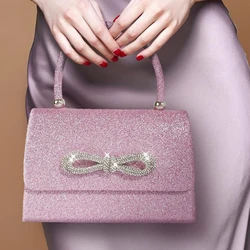 Elegant Sequins Lady Evening Bag Fashion Glitter Diamond Bownot Pattern Wedding Party Clutch Handbag Top Handle PU Leather Purse