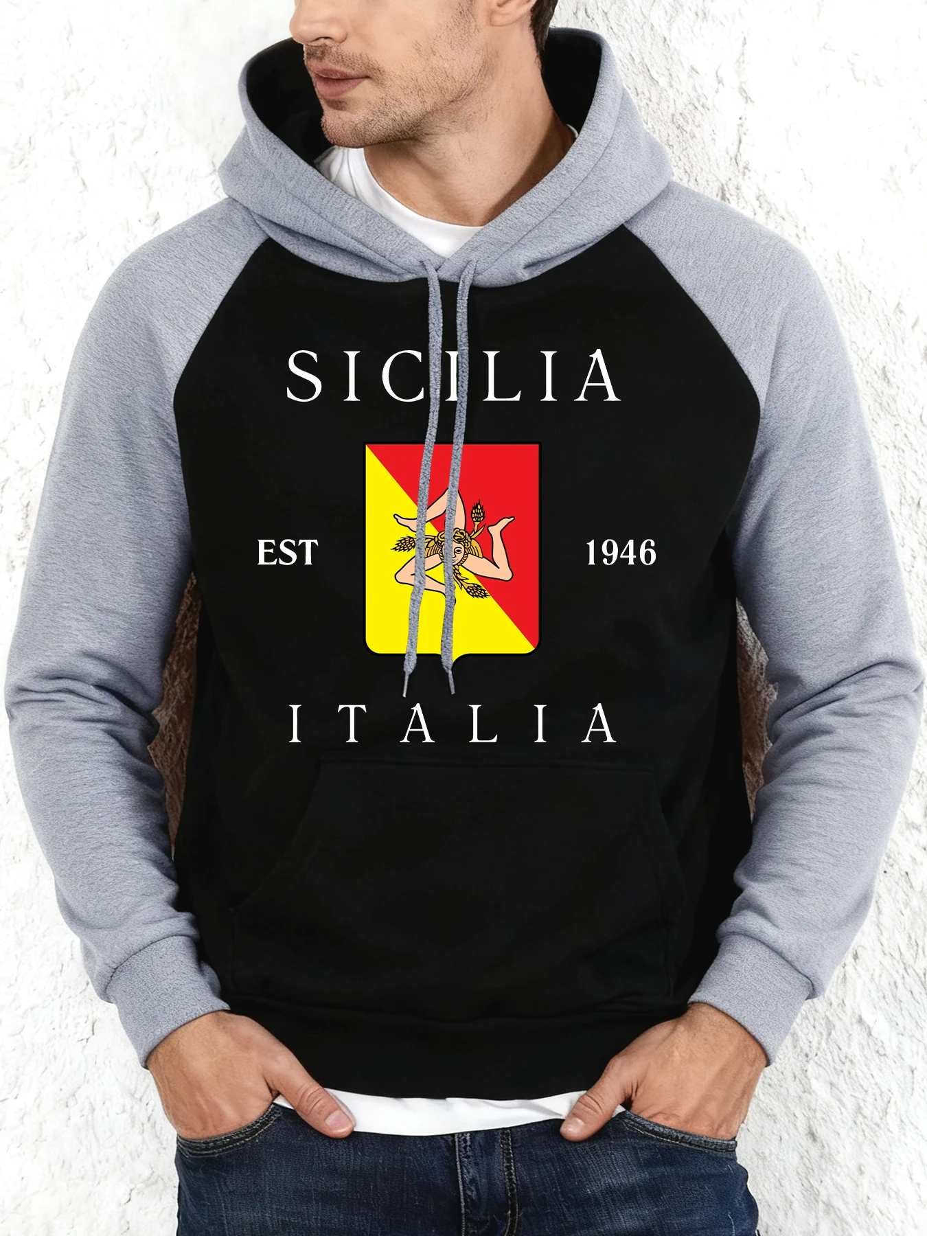 صقلية إيطاليا Est 1946 طباعة الخريف الرجال راجلان هودي جيب الموضة Y2K هوديس الهيب هوب فضفاض البلوز ملابس الصوف غير رسمية