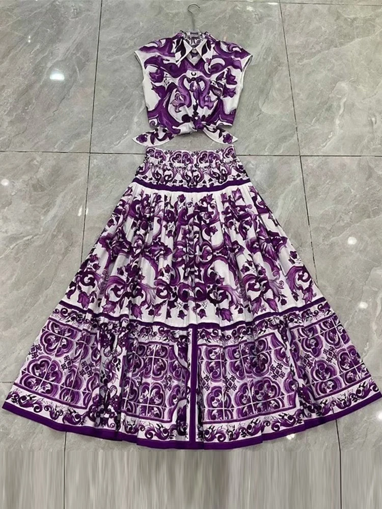 

2025 Summer New Fashion Women's Skirt Single-breasted Printed Sleeveless Shirt High Waist Big Pendant Skirt Two-piece suit