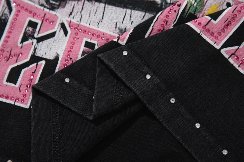 Hip-Hop Streetwear Lustiges Skelett-Grafik-T-Shirt für Männer Vintage Schwarz Gewaschenes Strass-Tee Übergroßes Baumwoll-Shirt im Used-Look – Detail 8