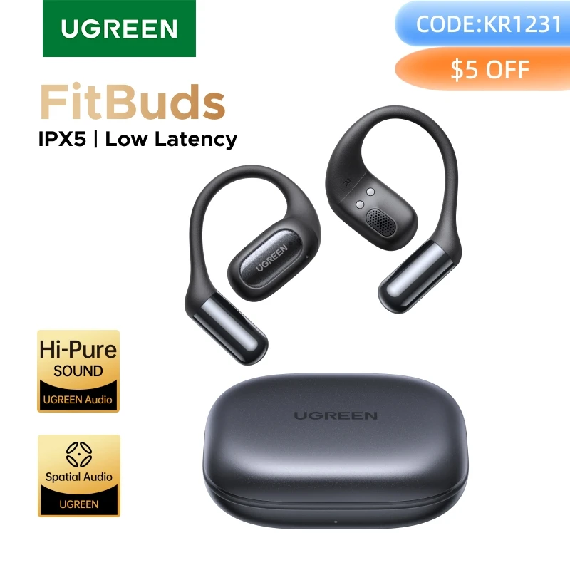 UGREEN FitBuds Open-Ear Headphones Earphones, Ear-hook TWS True-Wireless Bluetooth 6.0 Wireless Earbuds, Spatial Audio, 30H play