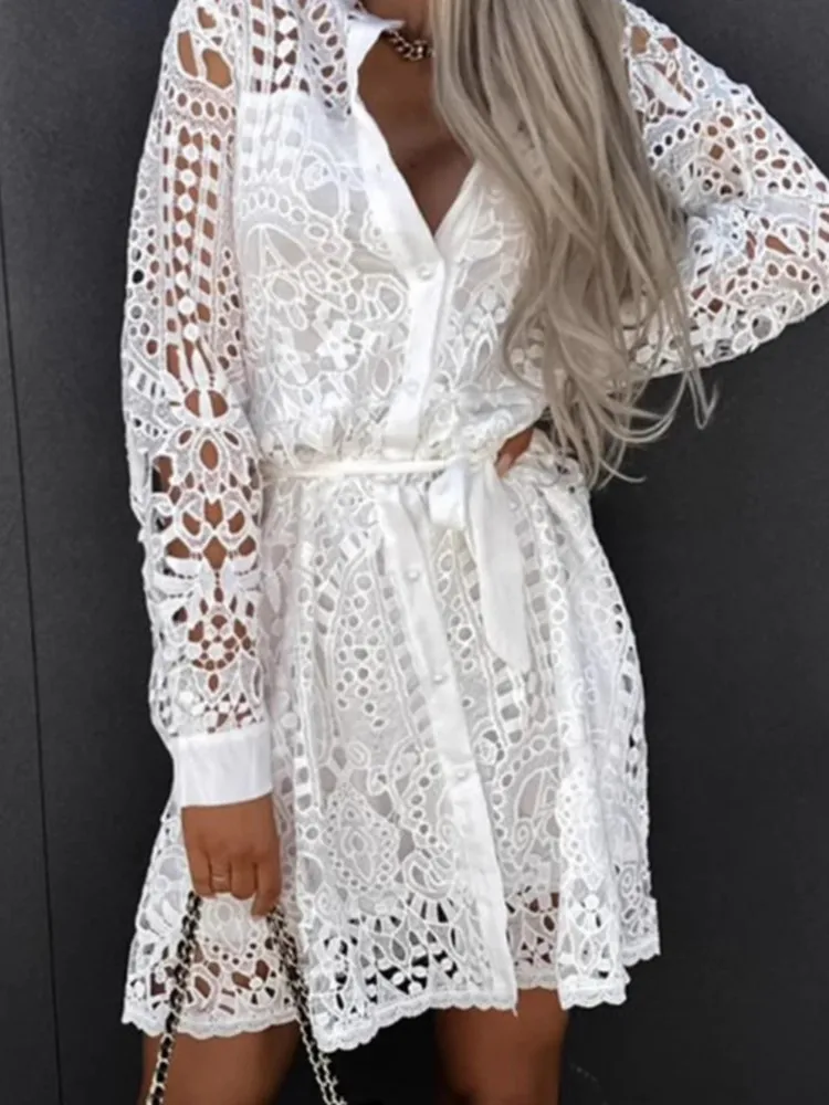 Damska Sukienka Koszulowa z Koronką, Modna, Jednolita, Długi Rękaw, Zapinana na Szydełka, Kwiatowa, Ażurowa, Sznurowana, Elegancka Odzież Biurowa dla Kobiet, Nowa