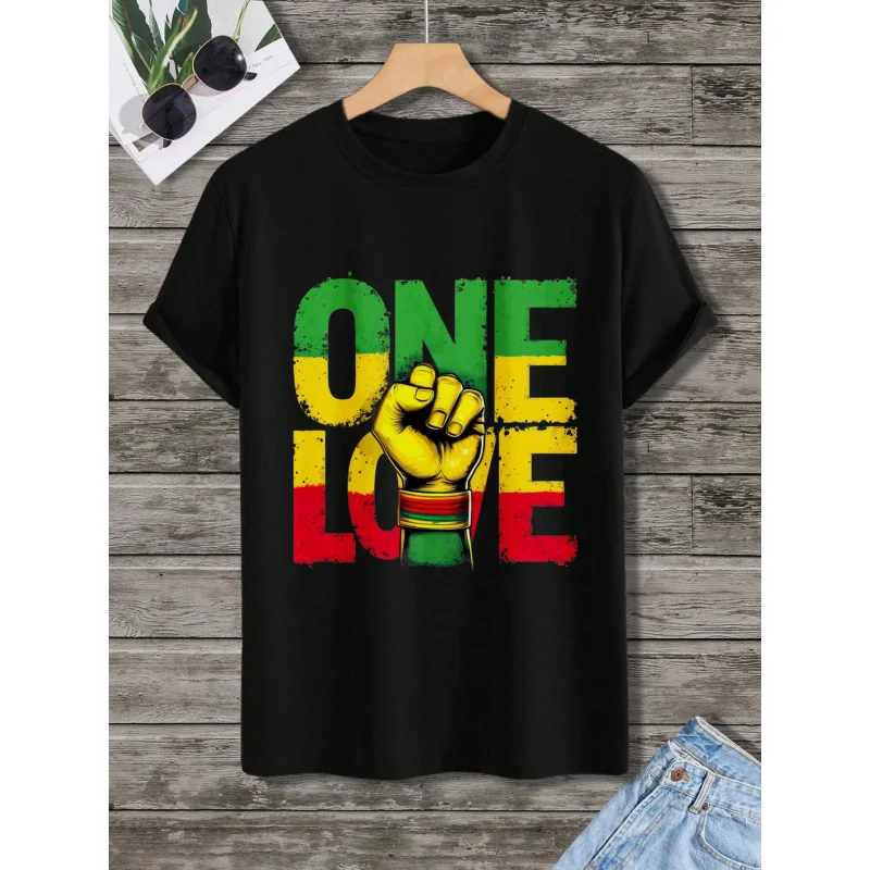 تي شيرت رجالي أبيض One Love Rasta Fist Print قطن عالي الجودة 180 جرام