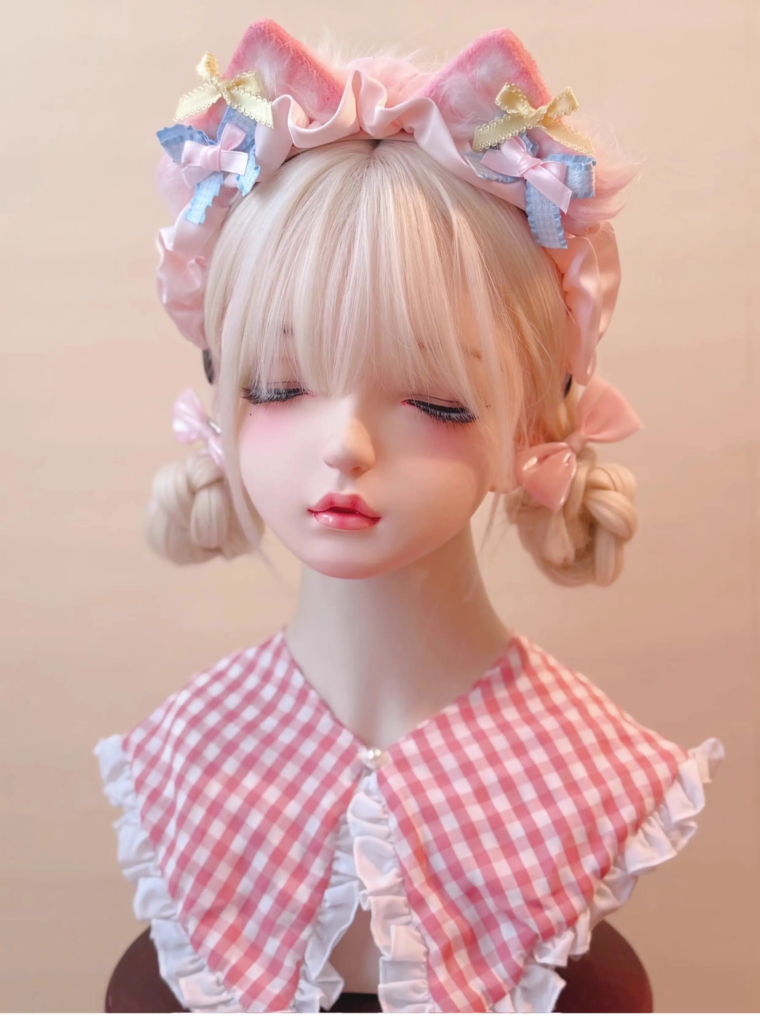 Original Handmade Candy Color Bow Headband Plush Cat Ear Headband Beast Ear Lolita Plush Kc Pink Headwear