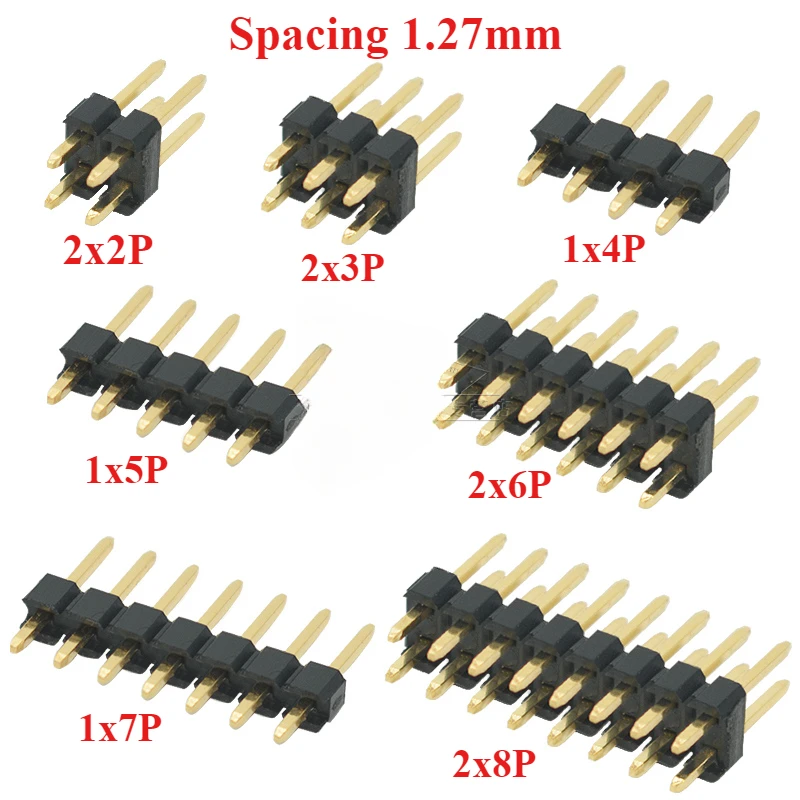 Spacing 1.27mm, gold-plated single row/double row straight pins 1x2/3/4/5/6/8/10/12-40/50Pin, through-hole connector