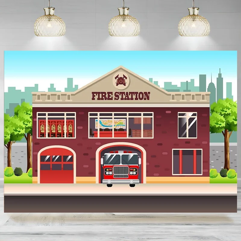 Cartoon City Fire Station Backdrop Firetruck Theme Fireman Birthday Photographic Background Firetruck Party Decorations Banner