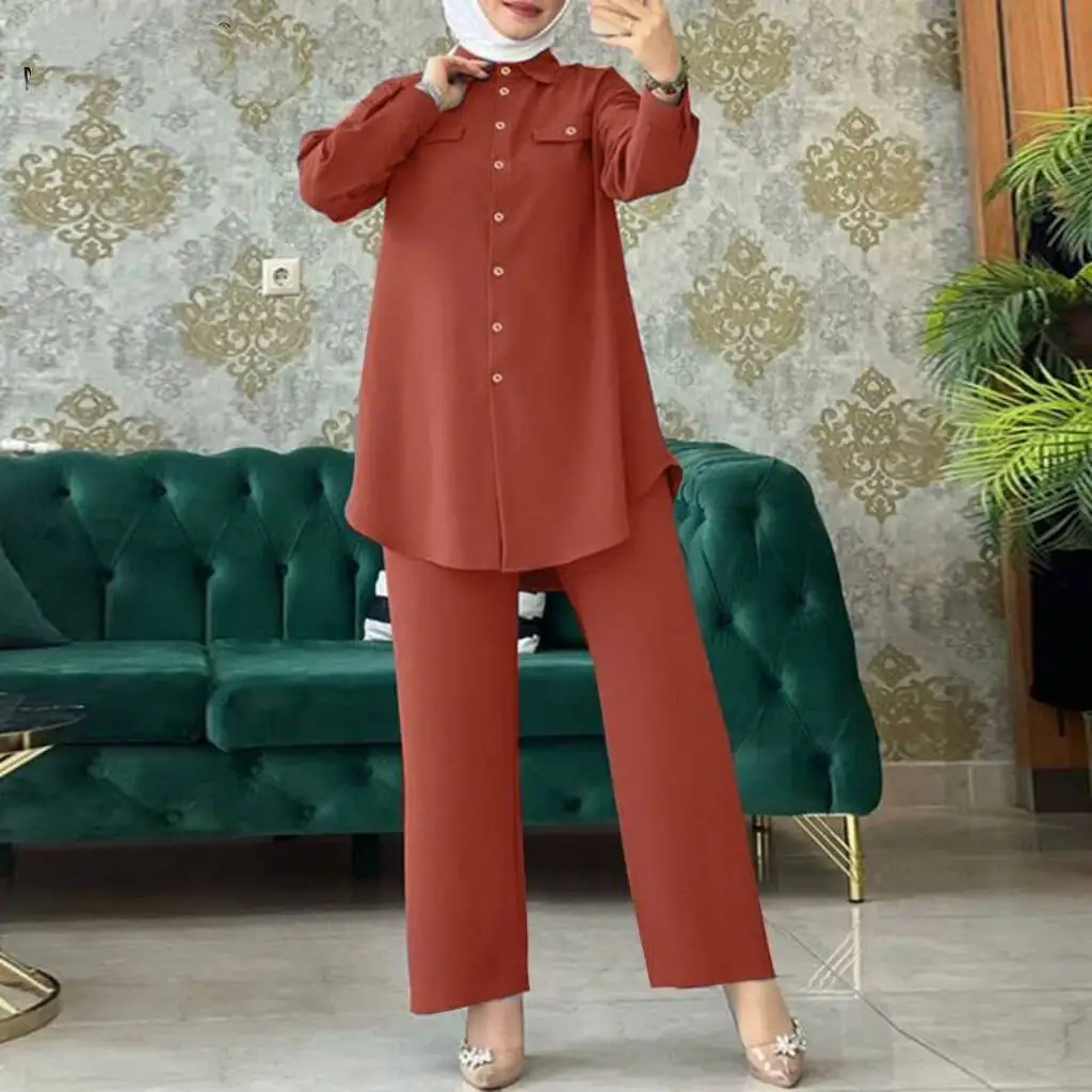 

Dubai Arab Two Piece Sets Womens Outifits Fashion Lapel Neck Long Sleeve Shirt Pant Sets Muslim Wide Leg Trousers Islamic Suits