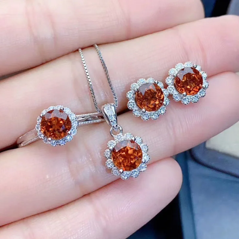 New Sunflower Orange Red Zircon Gemstone Open Ring Elegant Necklace Pendant Earrings