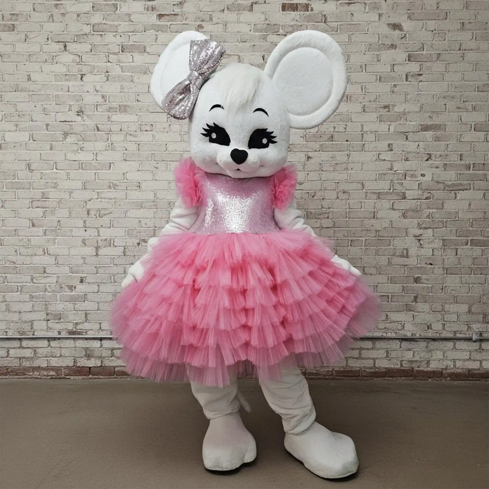 

Pink Dress White Mouse Mascot Costume Adults Cartoon Animal Character Professional Animator Outfit for Halloween Christmas