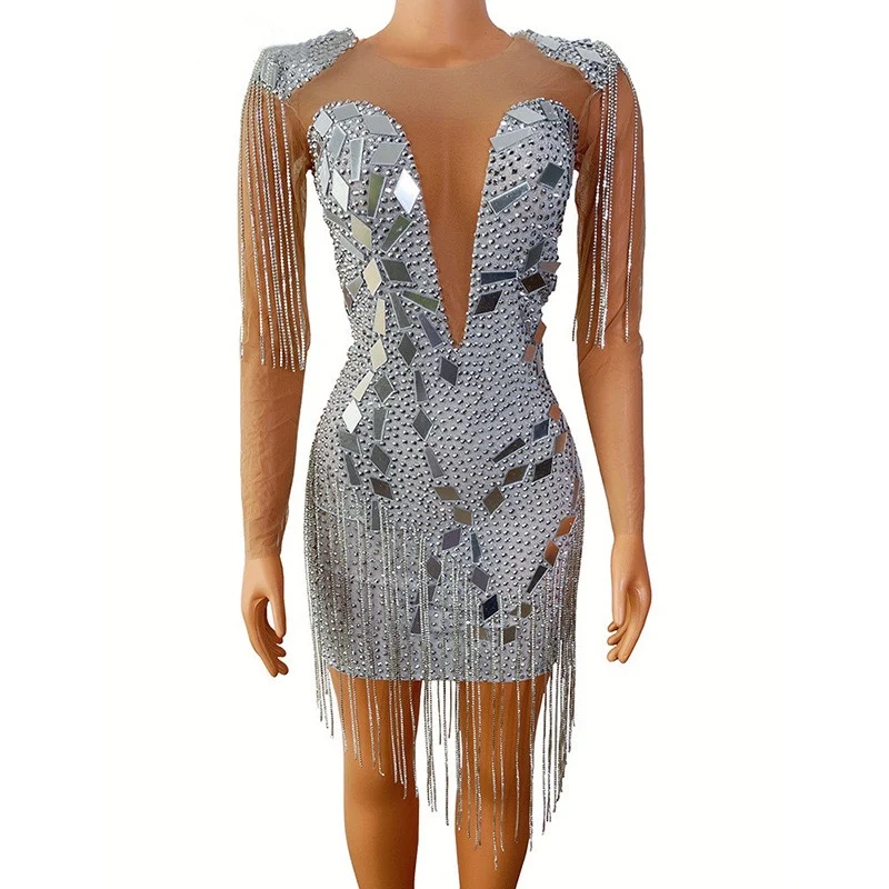 2026 New Sparkling Crystal Tassel Sequin Sexy Dress Women's Nightclub Party Ball Short Dress Fashion Performance Dress yj016