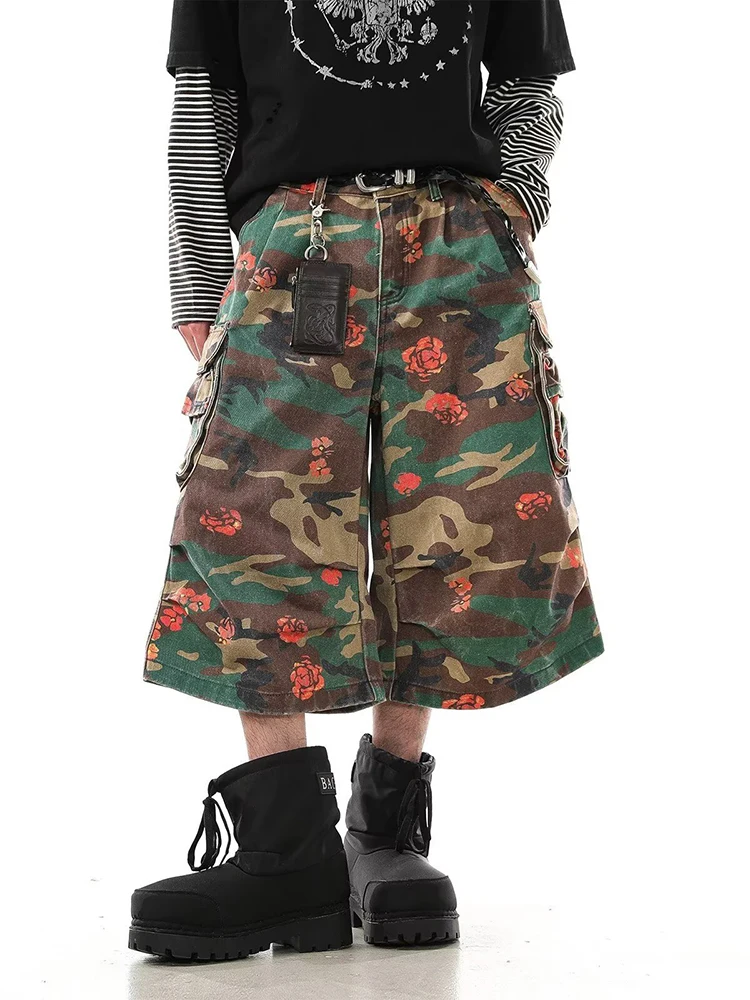Multi Pocketed Loose Fitting Camouflage Printed Knee lengthen Fit Straight Leg Jeans Design Streetwear Summer Casual  Men Shorts