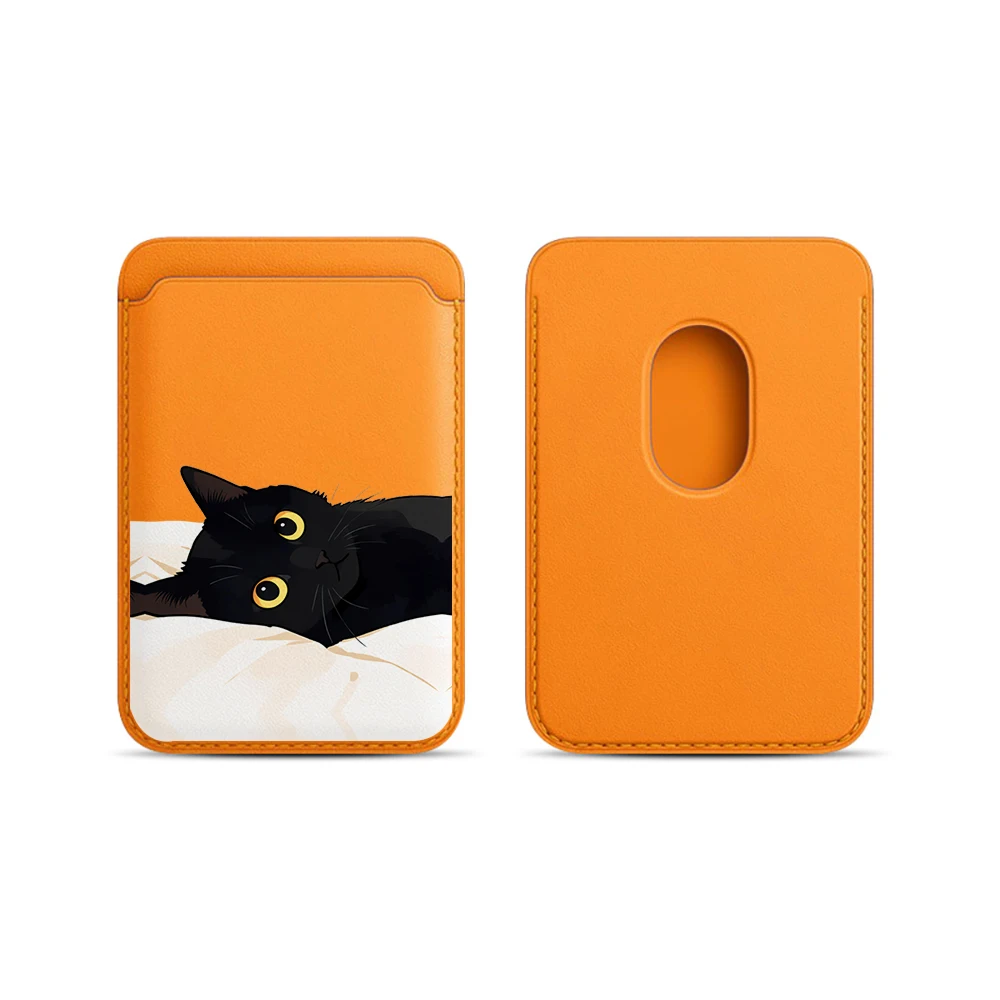 Schwarze Katzen-Leder-Kartenhülle für das Handy, geeignet für alle iPhone-Hüllen, Magsafe magnetische Kartenhalterung, einfache Handy-Rückentasche – Detail 10