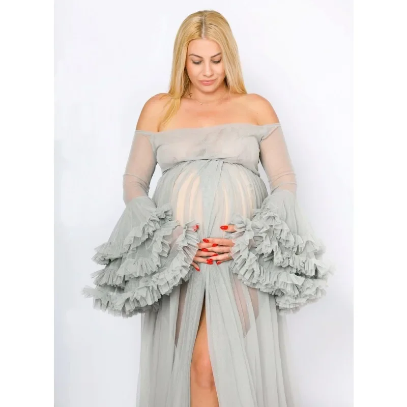 GREY Long Maternity Dress Photo Shoot Maternity Gown Pregnancy Dirty Pink Tulle Maternity Photos Shoot Dress With Train