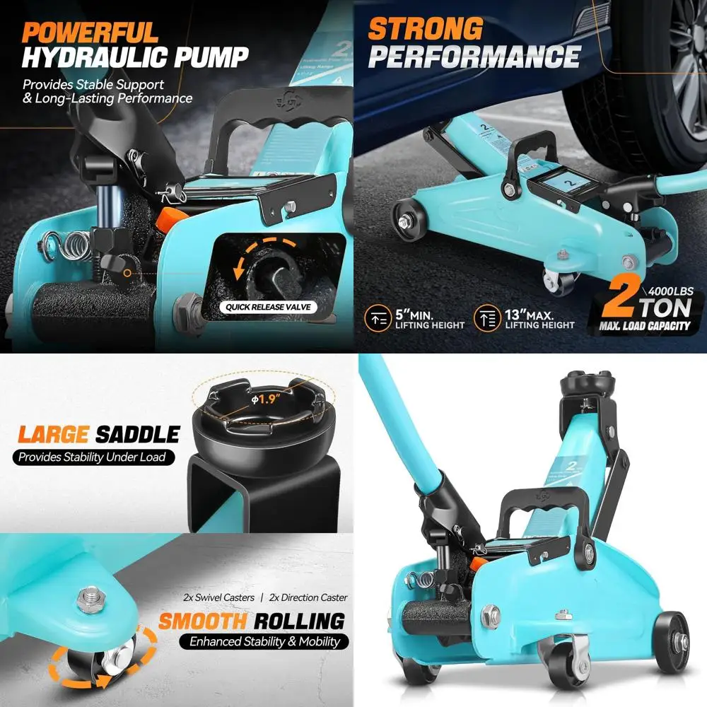 

Heavy-Duty Single-Piston Steel Car Jack, Quick Pump, 5.1-13 Lift Range, Sky Blue