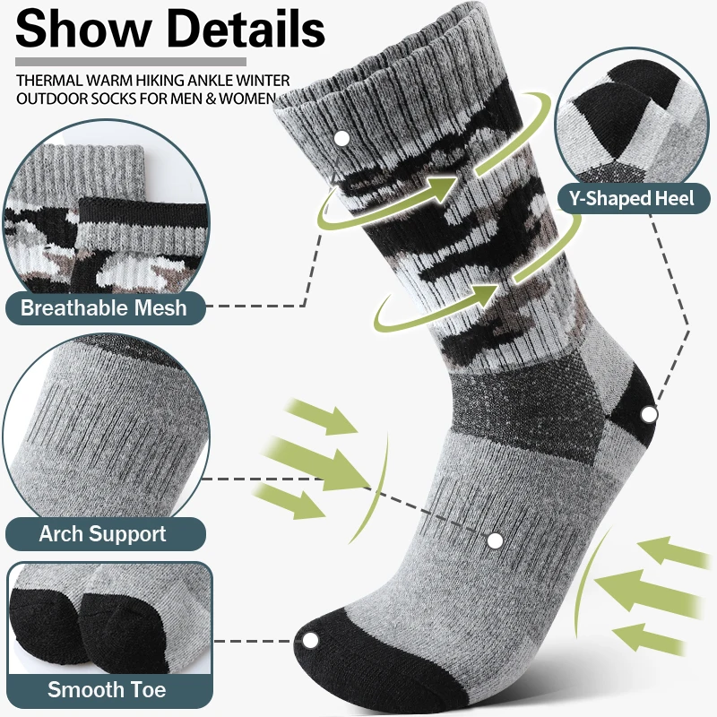 4Pairs Thick Gray Camouflage Socks Men‘s Winter Autumn Elastic Wool Mid Tube Sports Socks Soft Thermal Crew Outdoor Socks Hiking