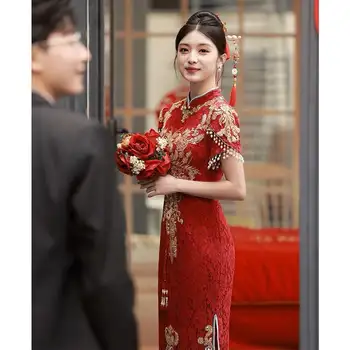 2024年新款紅色改良旗袍敬酒服中式婚紗訂婚婚禮服春秋季女士旗袍 8 最佳銷售 女式旗袍 - №6