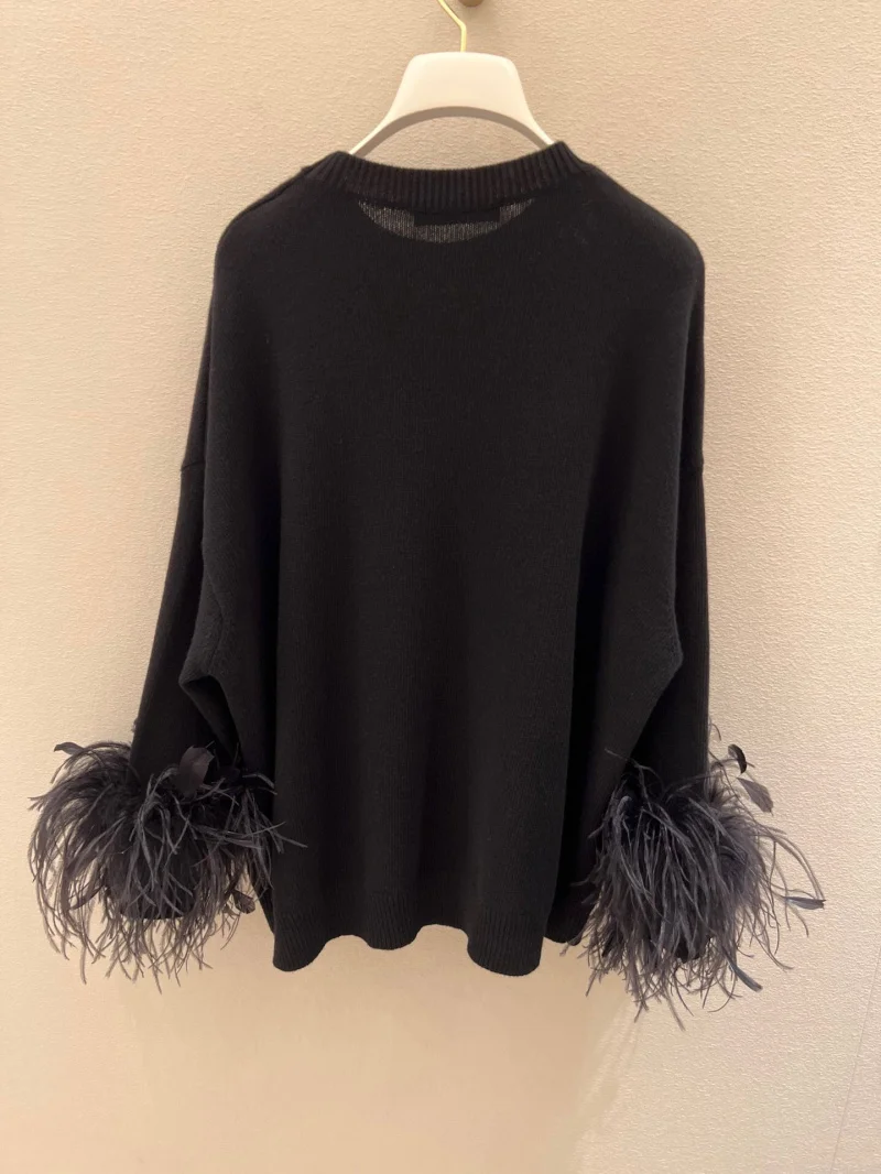 Women's Fashion Sweater Autumn/Winter Luxury Women's High Quality Feather 100% Wool Black Hoodie Top 2024 New Edition