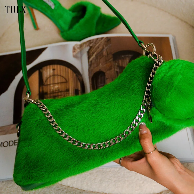 

TULX 2024 Women Plush Bag Fashion Autumn Winter Soft Elegant Lady Handbag Simple Shoulder Bags Solid Color Cute Underarm Bag