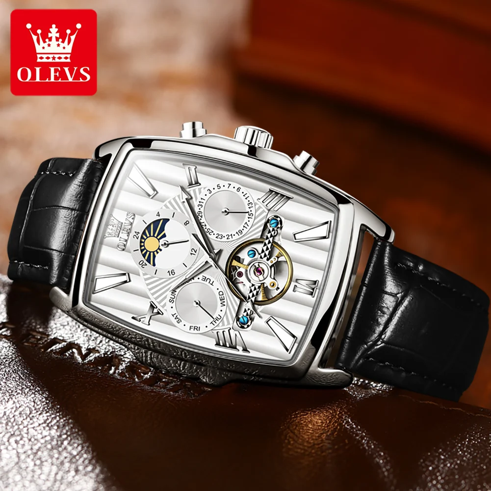 OLEVS 6675 Original Automatic Men's Watches Luxury Brand Square Dial Moon Phase Hollowed Flywheel Mechanical Wristwatch for Man