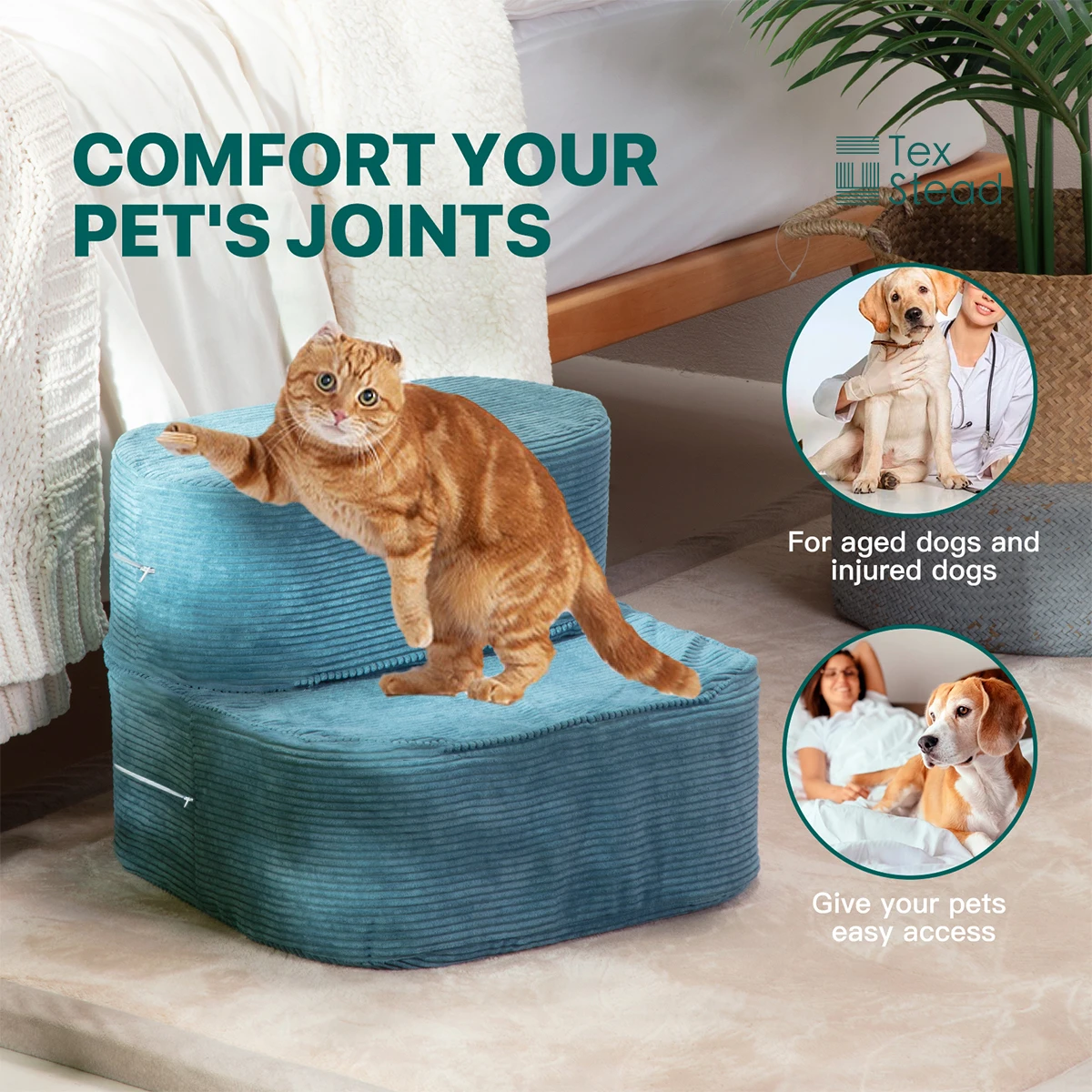 Escaleras Plegables de Pana para Mascotas, Rampa Ajustable de 2 Escalones para Perros Pequeños y Gatos, Escalera Portátil para Mascotas para Cama, Sofá y Uso Doméstico