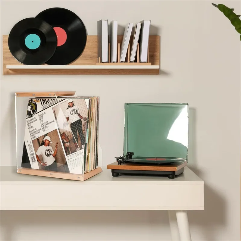 Wooden Record Rack Desktop Decoration Transparent Vinyl Record Display Magnetic Tape Book Storage Box Solid Wood Storage Rack