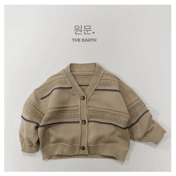 

Korean Fashion Retro Casual Thickened Knit Sweater Boy Girl Cardigan Kids Jewelry Striped Kawaii Sweater Kids Autumn Clothes2023