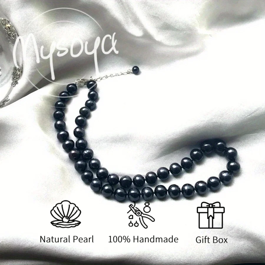 MYSOYA 9-11 مللي متر قلادة لؤلؤ المياه العذبة السوداء للنساء والرجال مع صندوق هدايا هدية مثالية لحفلات الزفاف وأعياد الميلاد وعيد الميلاد والعام الجديد