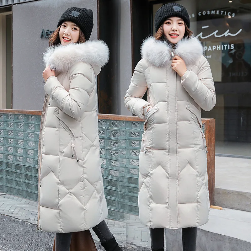 Women's Fitted Cotton Coat Outerwear Winter Cotton Jacket Warm Mid-length Cotton Jacket Thicken Fur Collar Hooded Windbreaker