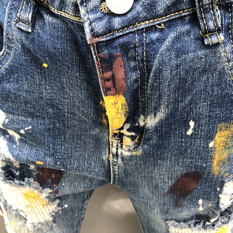 Fashion Slim Fit Blue Denim Jeans Men Hole Patch Elastic Splash Ink Denim Pants Trend Jean Pant Ripped Jean Men Vaqueros Hombre