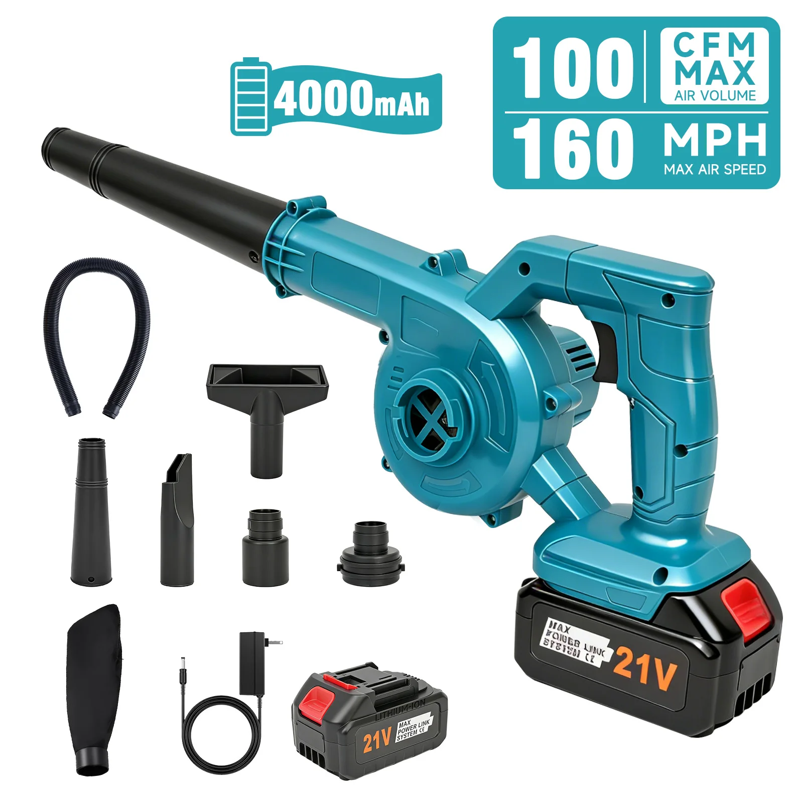 Souffleur de feuilles électrique 2-en-1 sans fil et aspirateur 21V 160 MPH 100CFM léger avec 2 batteries 2.0Ah Outil électrique