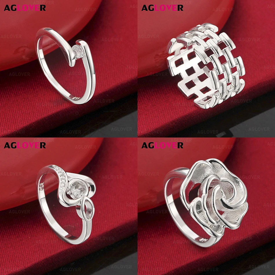 

AGLOVER 925 Sterling Silver 7-10# Square Lattice Hollow Ring Retro Fashion Holiday Gift Jewelry