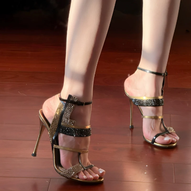 

Black Gold Rhinestone Open Toe High Heels Sandals Woman Summer 2026 Crystal Ankle Strap Stiletto Heeled Sandals Party Prom