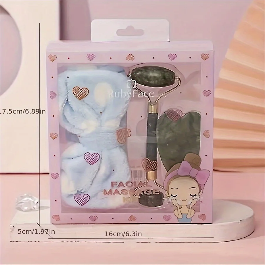 طقم أدوات تجميل مكون من 3 قطع مع صندوق هدايا وعصابة رأس سبا من اليشم وهدية تجميل للفتيات من Gua Sha Board #6