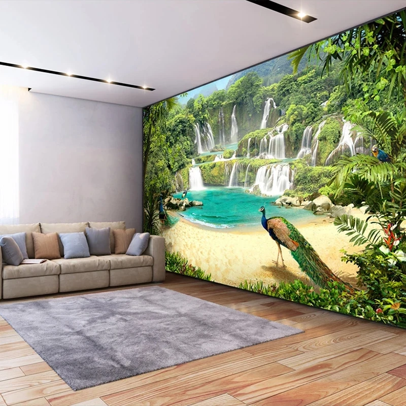 Custom 3D Wallpaper Mural Waterfall Peacock Lake Green forest Landscape Living room sofa TV background wall bedroom restaurant
