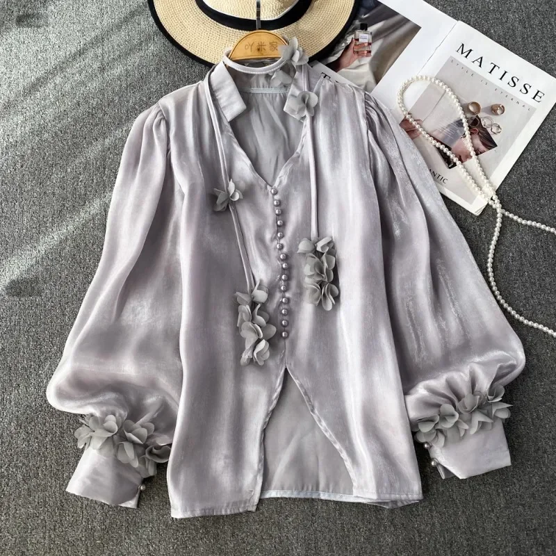 Neploe Sweet Pink Loose Chiffon Blusas Mujer Autumn New V-neck Lace Up Shirts Women Y2k E-Girl Lantern Sleeve Blouses