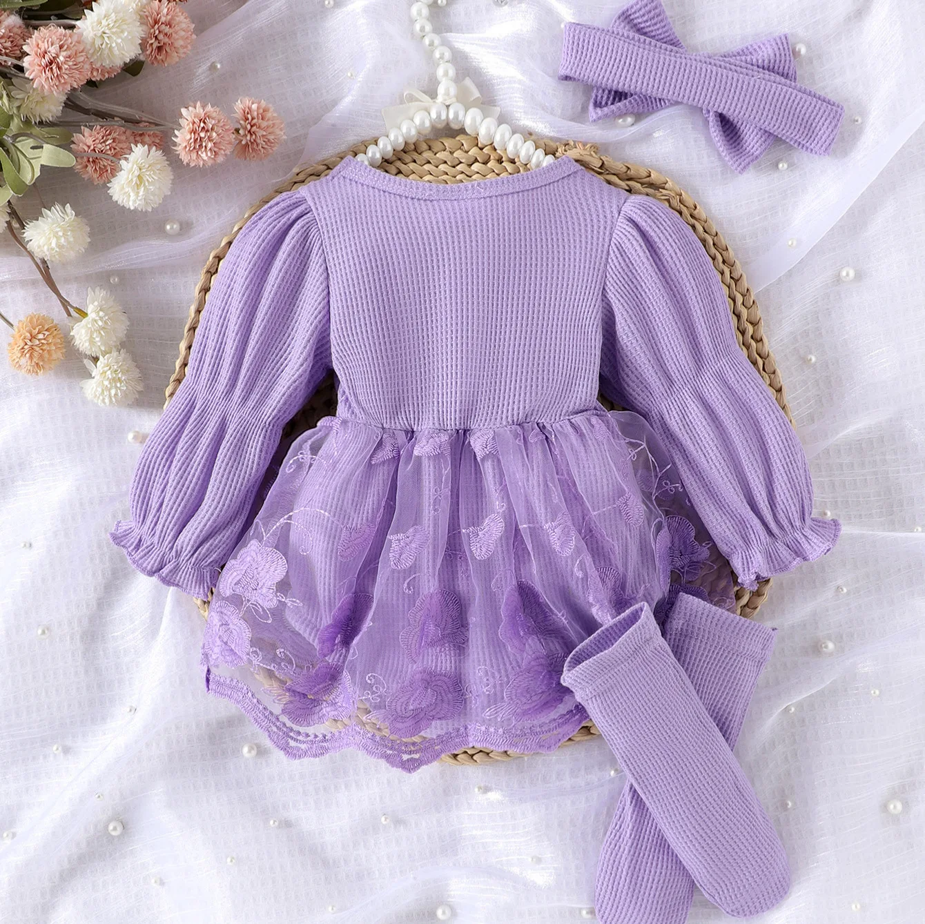 2026 Autumn Winter Baby Girls 3PCS Outfit Long Sleeve Mesh Patchwork Romper Bodysuit with Socks Headband Set