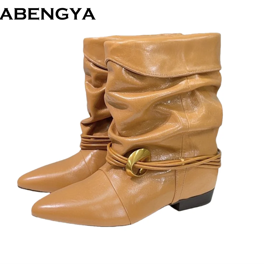 

Autumn Genuine Leather Flat Knight Boots Women Casual Shoes British Style Point Toe Chelsea Ankle Boots For Women