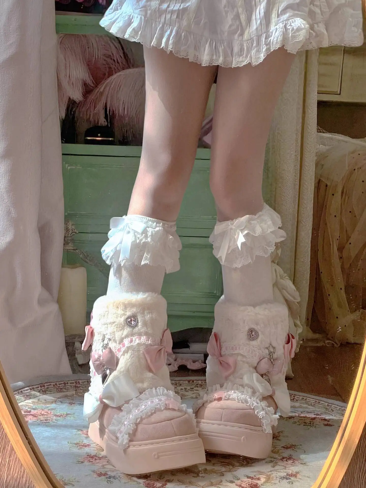 Immagine 3: Stivali Lolita giapponesi da donna Costumi Cosplay Scarpe Stivaletti da neve con fiocco carino Pelliccia di coniglio finta Stivaletti caldi invernali con suola spessa