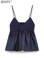 Zevity mujeres Sexy cuello en V tejido Patchwork dobladillo plisado Sling blusa mujer camisa Blusas Chic Tops LS3689