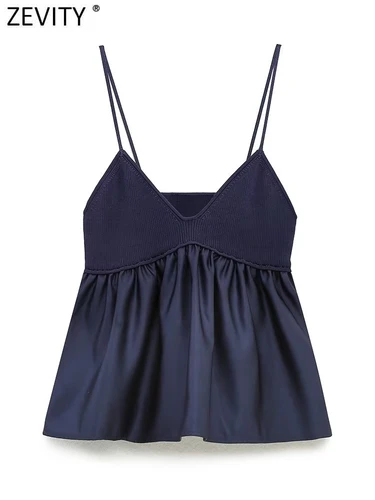 Zevity mujeres Sexy cuello en V tejido Patchwork dobladillo plisado Sling blusa mujer camisa Blusas Chic Tops LS3689