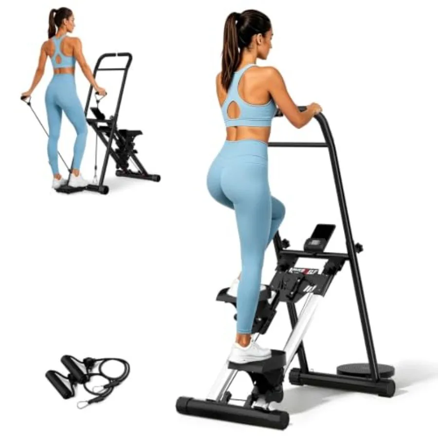 Home exercise stair stepper with twist disc, folding vertical climber, 2-in-1 cardio machine, black steel frame, 350lbs capacit