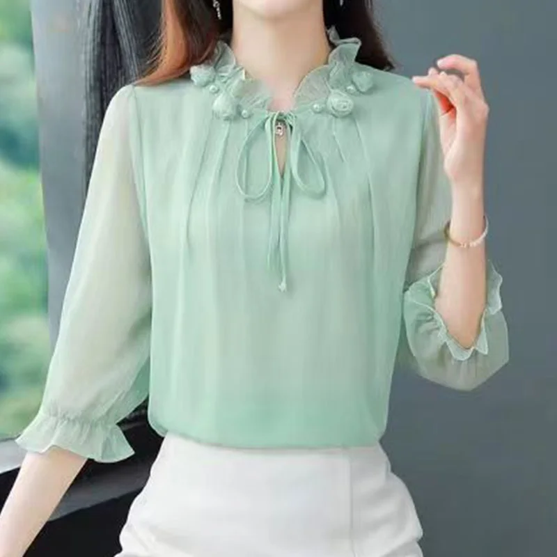 Sweet Spring Summer Women's Clothing Wooden Ear Edge Round Neck Lacing Blouse Solid Sheer Three-quarter Sleeve Straight Shirt