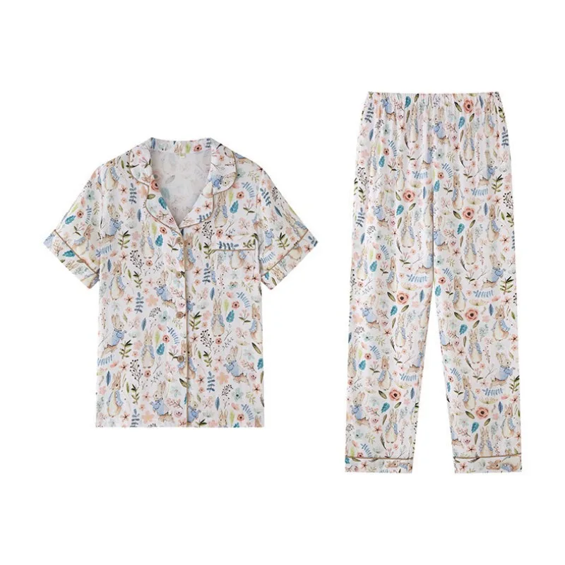 2024 Summer Bamboo Cotton Fiber Pijamas Double Layer Gauze Magic Rabbit Printed Pajamas Women\'s Short Sleeve Trousers Loungewear