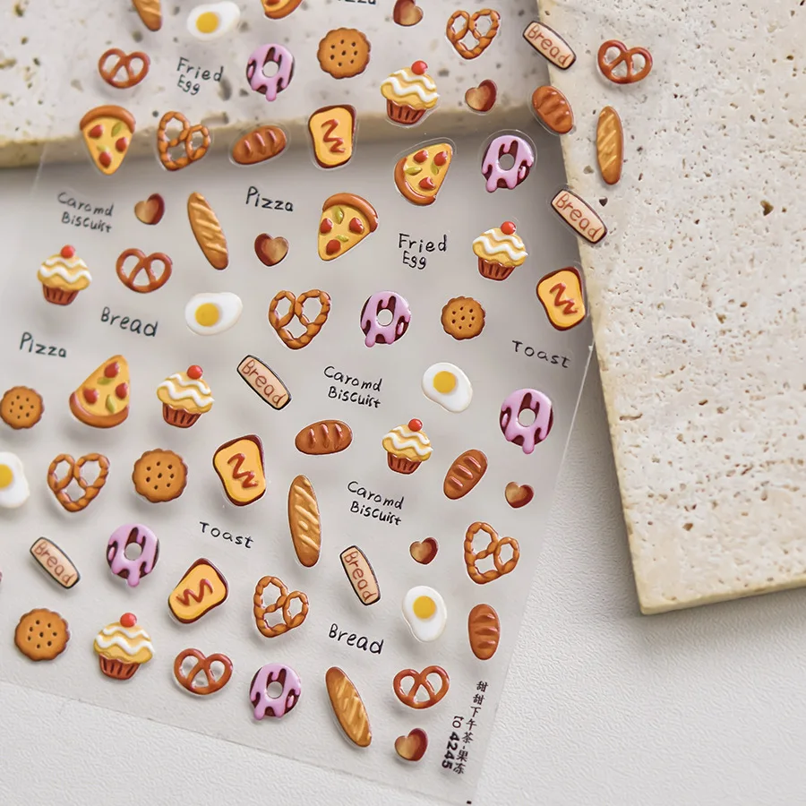 Niedlicher 5D-geprägter Relief-Nagelkunst-Aufkleber, farbiges Liebesherz, Maniküre-Aufkleber, Gelee-Design, Donut, Lutscher, Süßigkeiten, Erdbeere, Obst