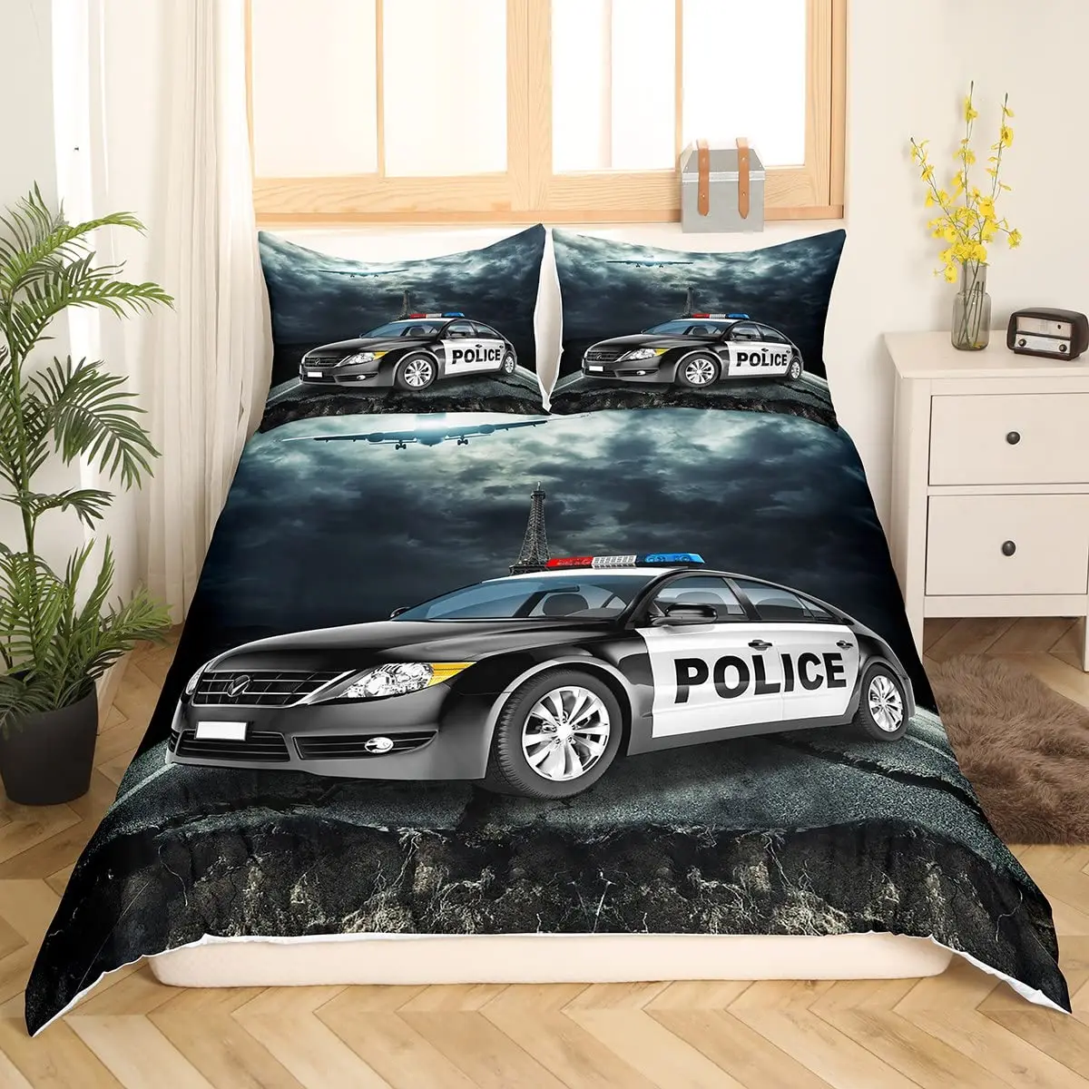 Policeman Car King Queen Duvet Cover Cartoon Black Police Car Bedding Set Boys Red Blue Cop Lights 2/3pcs Polyester Quilt Cover