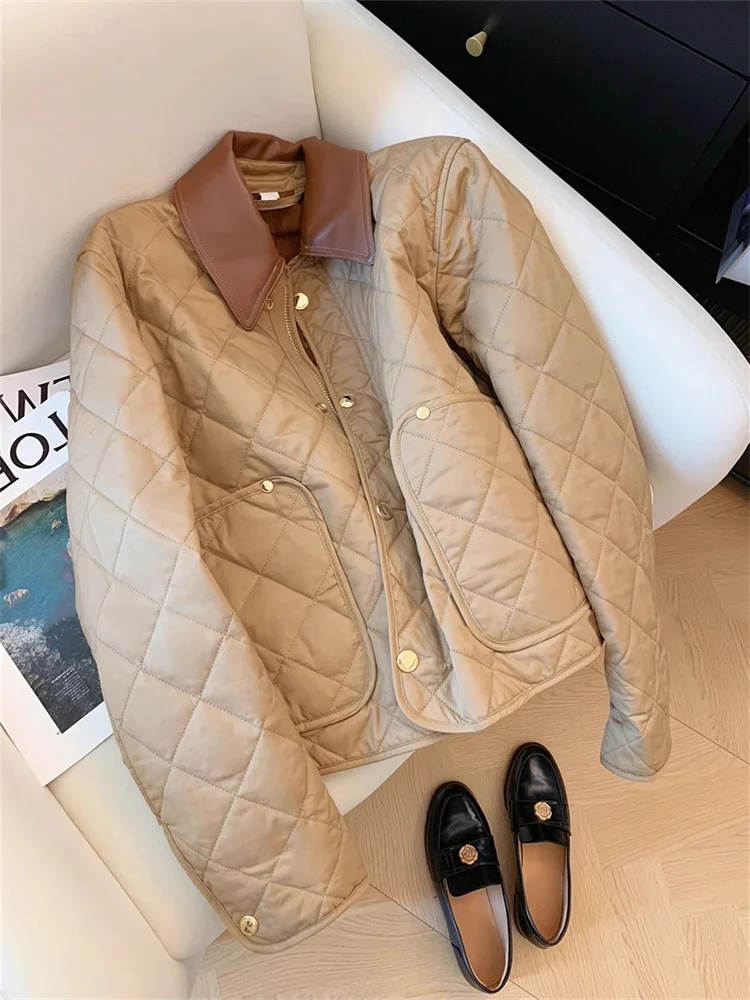 

Retro Design Lightweight Collar Cotton Jaet Khaki Loose Women's Faionable Outerwear Spring Autumn Winter