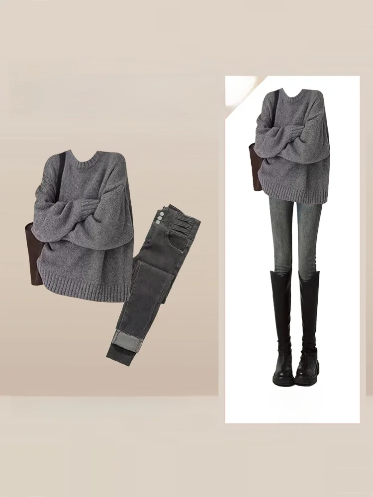 

Korean Style Winter Set Women's Lazy Style Grey round Neck Knitted Sweater with Slimming Long Pants Two Piece Set Fashionable...