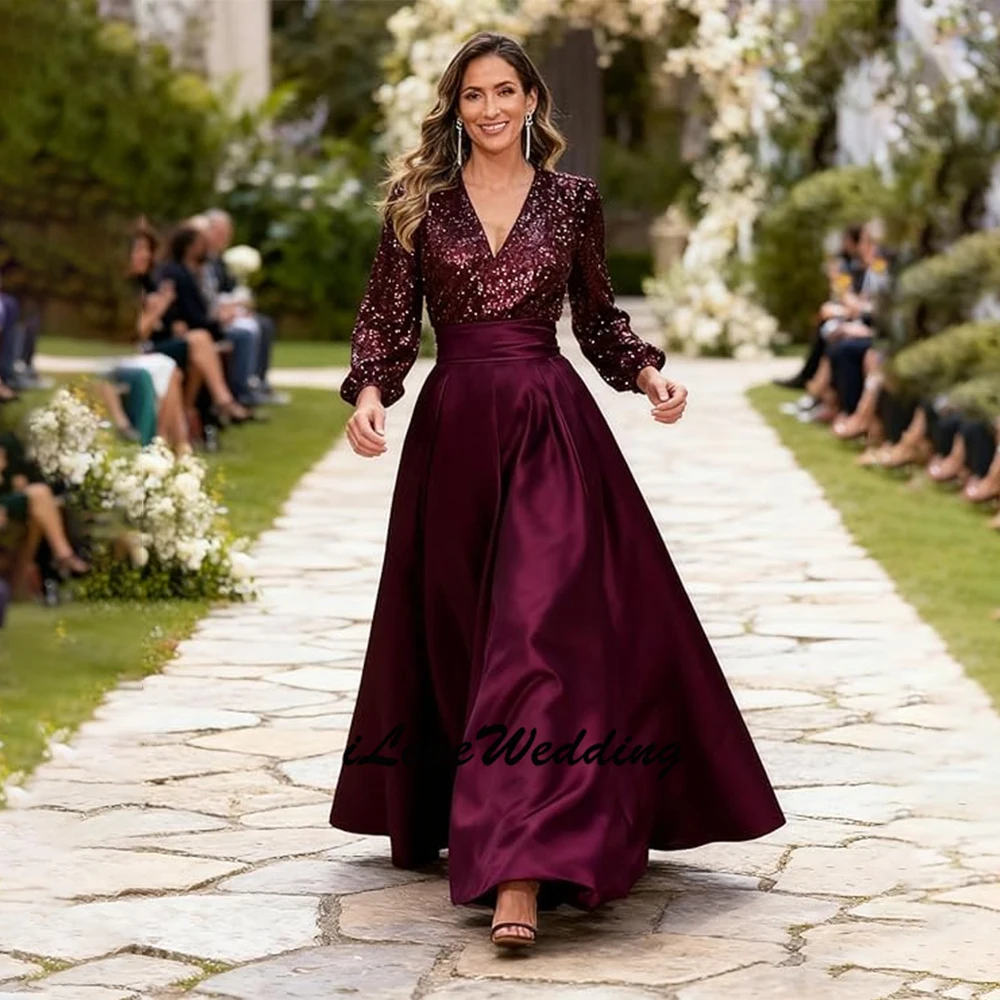 

Customized Sequin Mother of The Bride Dresses Lace Appliques Evening Gowns Long Sleeve Maxi Formal Wedding Guest Dress Elegant